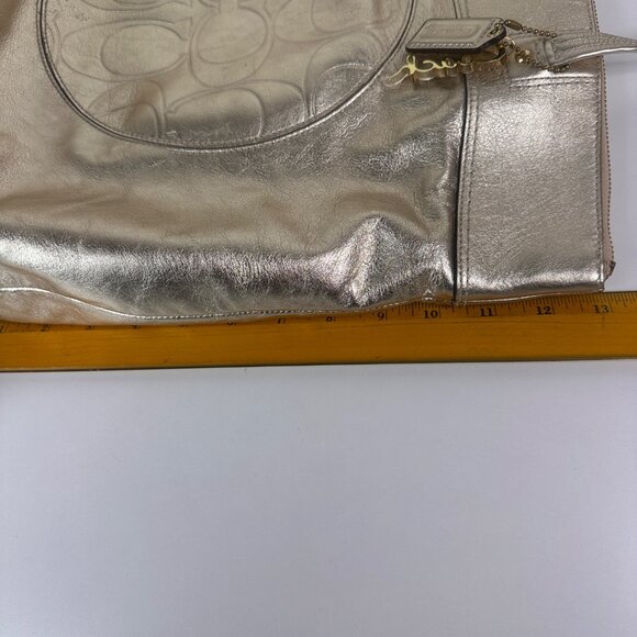Coach Laura Gold Metallic Leather Signature Tote Bag With Charm & Zip Closure - Picture 7 of 16